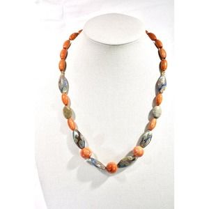 Vintage Swirled Gray/Blue and Orange Beads Necklace 1990s Y2K Office Work 25"